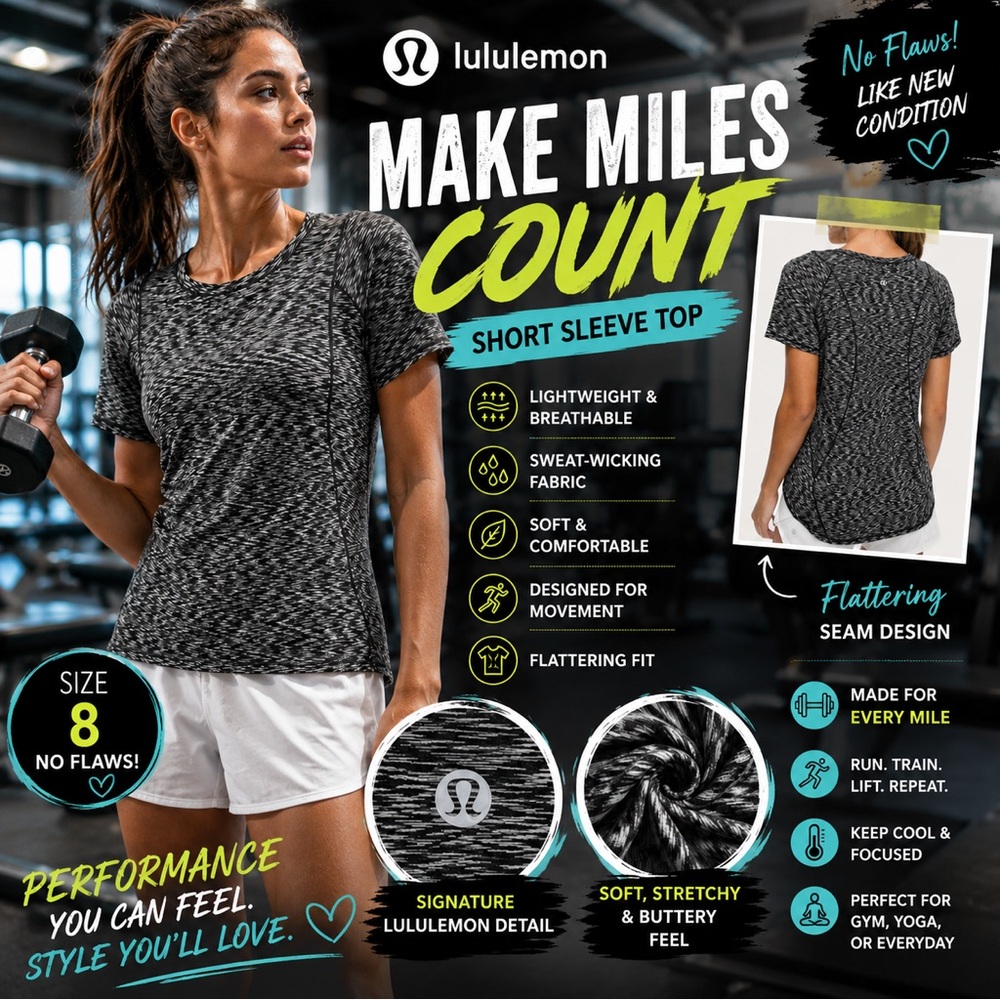 Lululemon Make Miles Count Short Sleeve Top Round Neckline & Hem Size 8